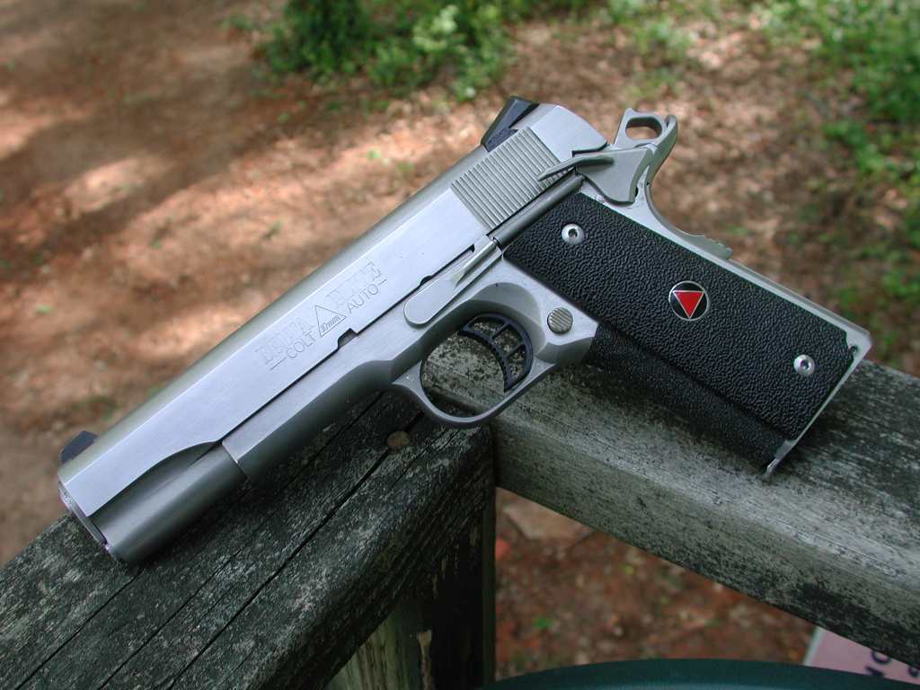 Colt Delta Elite 1911 with Novak Lo-Mount sights and skateboard tape on the frontstrap