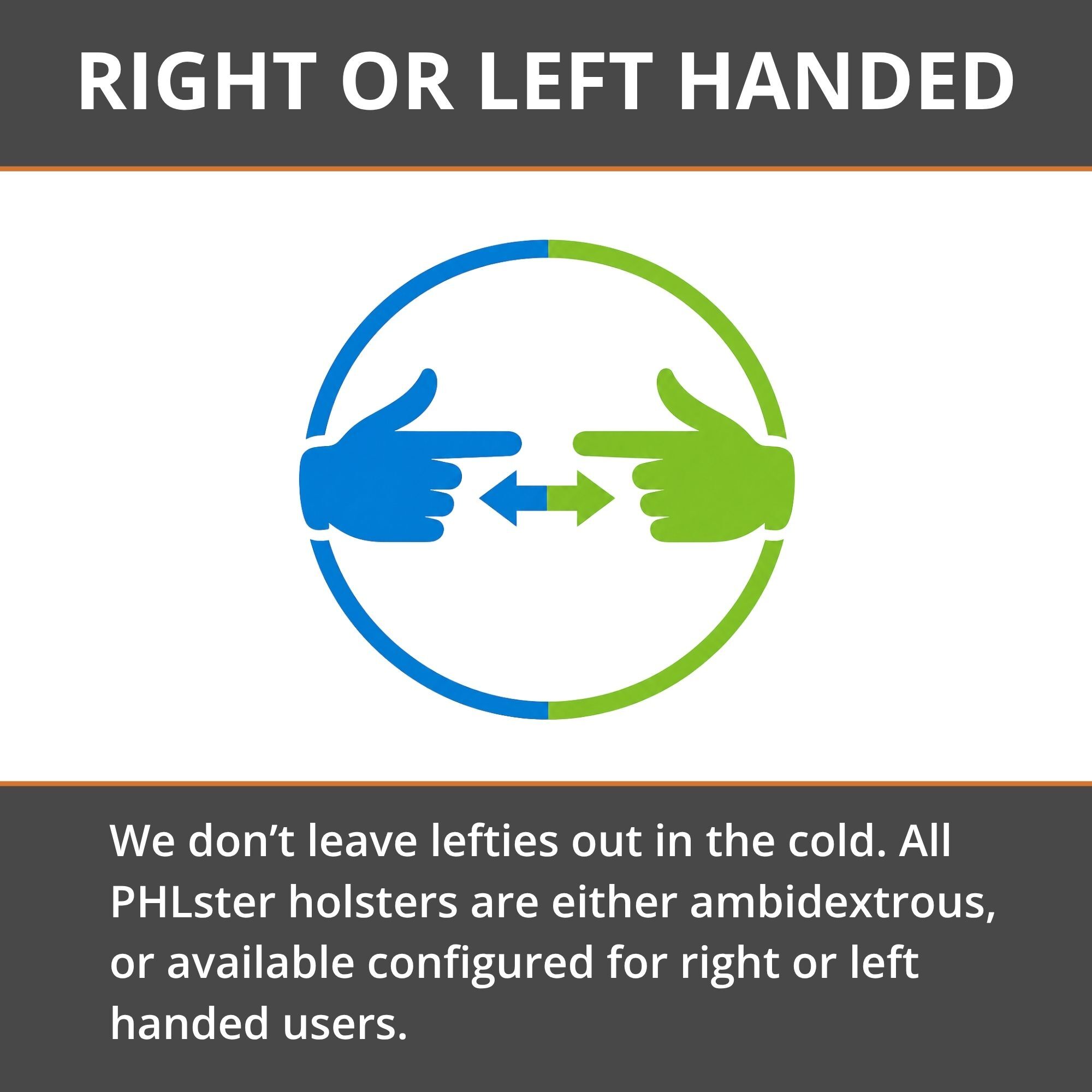 Right or left handed holsters — configurable either way