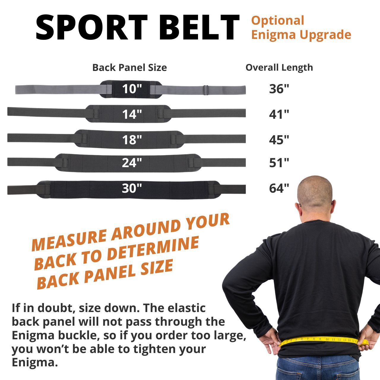 Infographic with sizing info for Enigma Sport Belt.