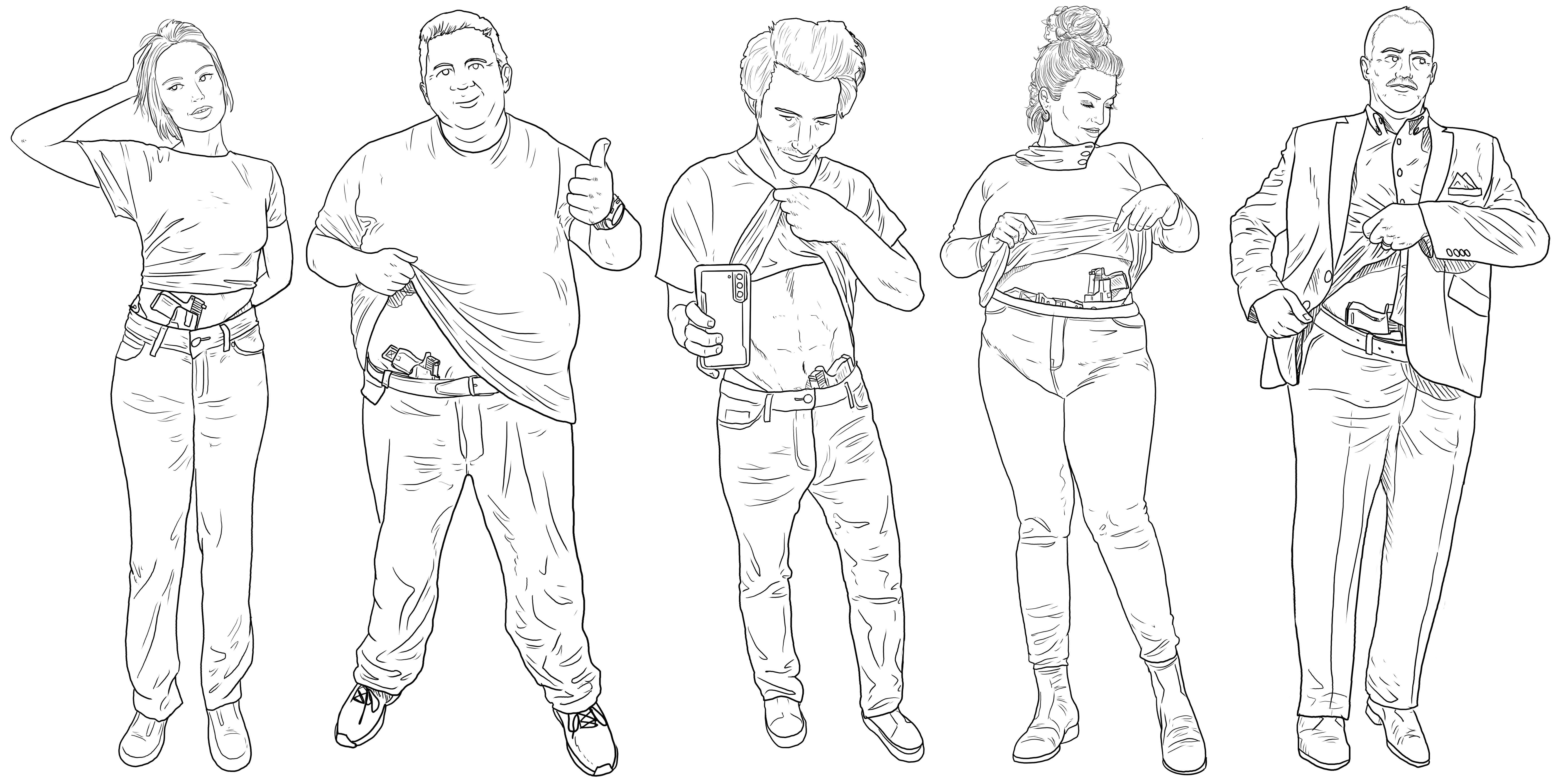 Five people with different body types demonstrating how the concealment sweet spot varies based on individual anatomy