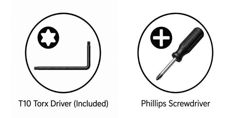 Illustration of T10 torx driver and Phillips screwdriver, both used for Enigma Micro holster adjustment.