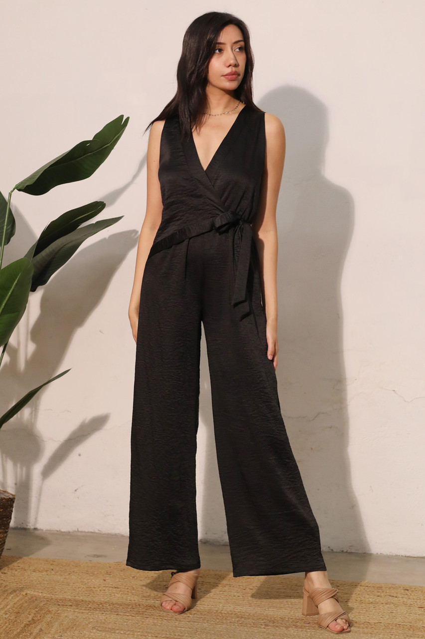 Washed Satin Crepe Wrap Jumpsuit Wholesale | Trendy Women's