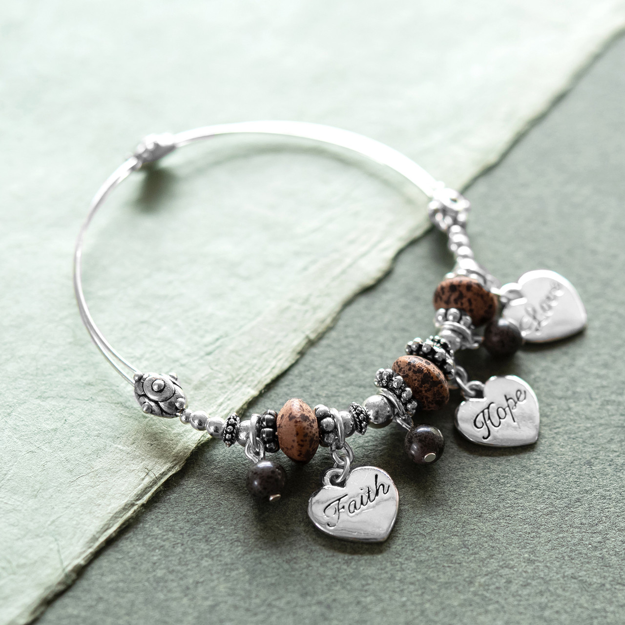 Faith Hope Love Hook Bangle with Grey Glass Bead Silver Tone