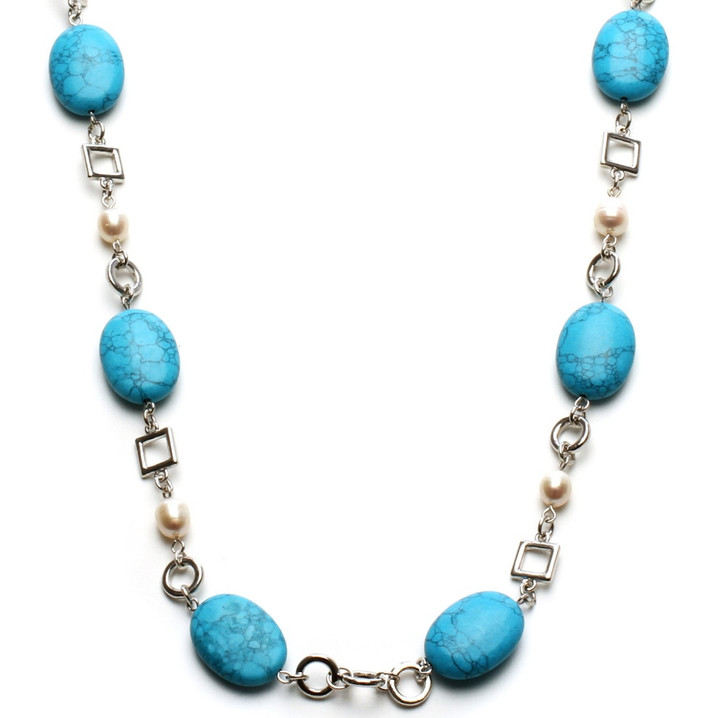 Womens Jewelry Long Turquoise and Fresh Water Pearl Necklace