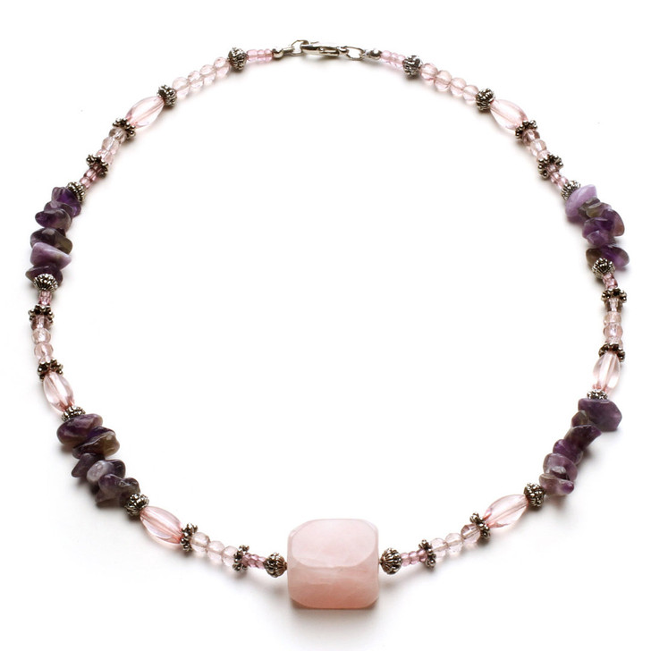 Paradise Genuine Pink Quartz and Amethyst Necklace