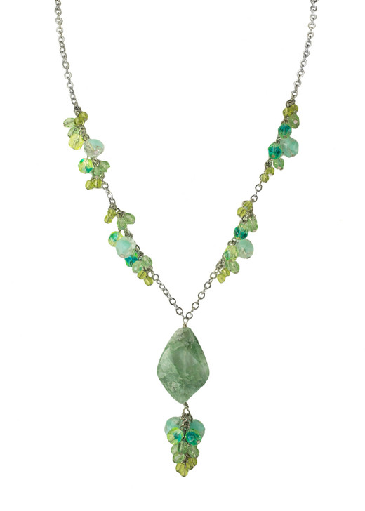 South Beach Genuine Milky Green Quartz with Glass Bead Necklace