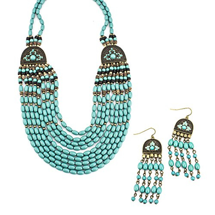 Turquoise Bead Statement Necklace and Earring Set