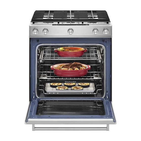 OPEN BOX Kitchenaid® 30-Inch 5 Burner Front Control Gas Convection Range with Baking Drawer KSGB900ESS