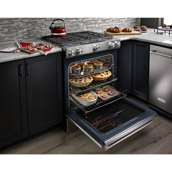 OPEN BOX Kitchenaid® 30-Inch 5 Burner Front Control Gas Convection Range with Baking Drawer KSGB900ESS