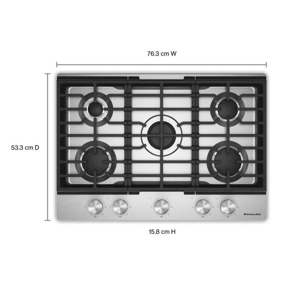 Kitchenaid® Gas-on-Metal Cooktop with 5 Versatile Burners and Edge-to-Edge Cast-Iron Grates KCGK330SSS