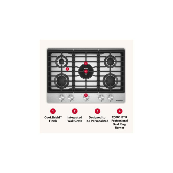 Kitchenaid® Gas-on-Metal Cooktop with an Integrated Wok Grate and CookShield™ Finish KCGK730SSS