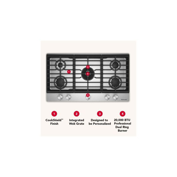 Kitchenaid® Gas-on-Metal Cooktop with an Integrated Wok Grate and CookShield™ Finish KCGK736SSS