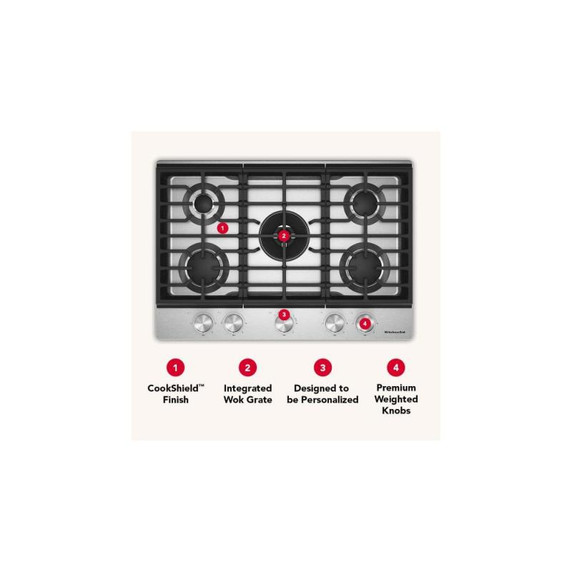 Kitchenaid® Gas-on-Metal Cooktop with an Integrated Wok Grate and CookShield™ Finish KCGK530SSS