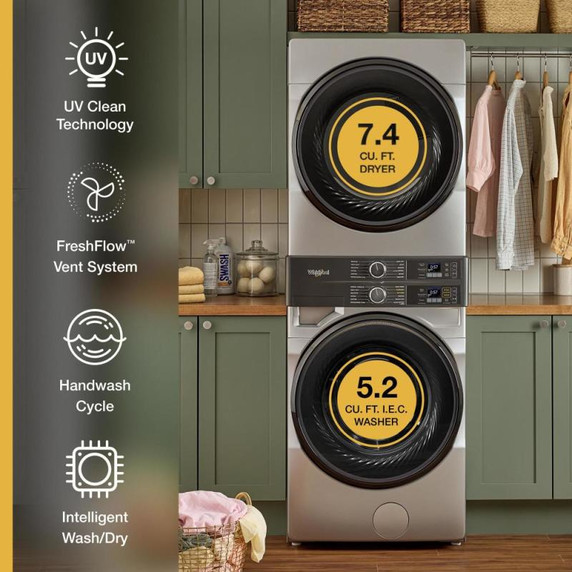 Whirlpool® Smart ENERGY STAR® Front Load Laundry Tower 5.2 cu. ft. Washer & 7.4 cu. ft. Electric Dryer with UV Clean Technology and FreshFlow™ Vent System YWEF5727TR