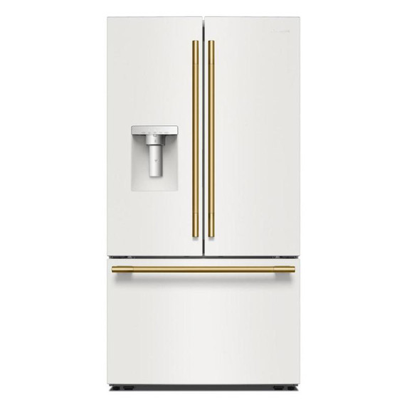 Kitchenaid® 30 Cu. Ft. 36-Inch French Door Refrigerator with Exterior Water and Ice Dispenser and Wood-Look Sliding Tray in Porcelain White KRFF436SPL