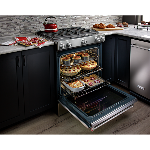 OPEN BOX 30-Inch 5 Burner Front Control Gas Convection Range with Baking Drawer KSGB900ESS