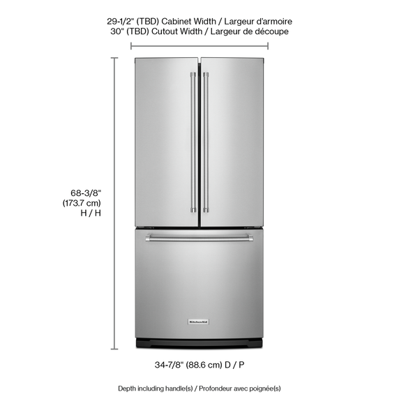 Kitchenaid® 20 cu. Ft. 30-Inch Width Standard Depth French Door Refrigerator with Interior Dispense KRFF300ESS