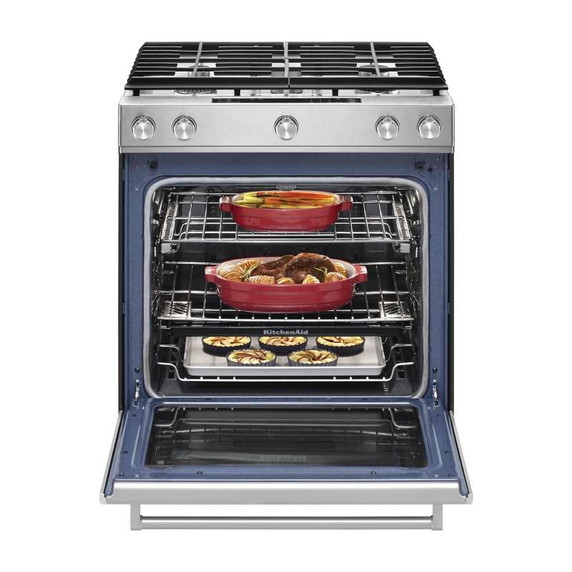 Kitchenaid® 30-Inch 5 Burner Front Control Gas Convection Range with Baking Drawer KSGB900ESS
