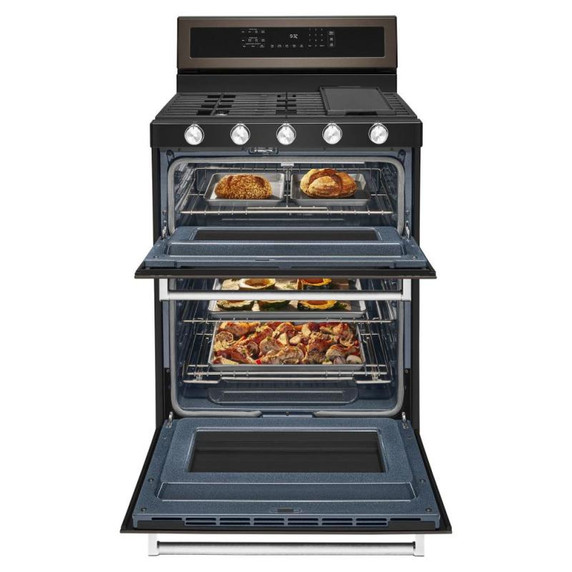Kitchenaid® 30-Inch 5 Burner Gas Double Oven Convection Range KFGD500EBS