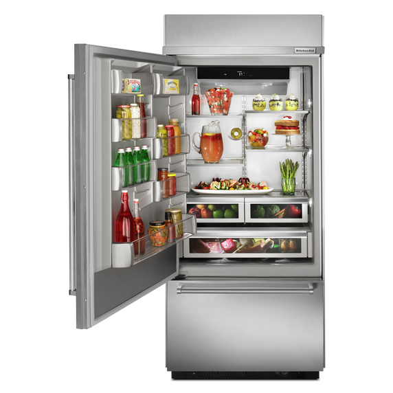 Kitchenaid® 20.9 Cu. Ft. 36" Width Built-In Stainless Bottom Mount Refrigerator with Platinum Interior Design KBBL306ESS