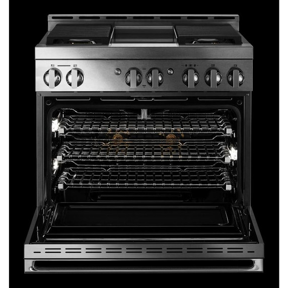 Jennair® 36" NOIR™ Gas Professional-Style Range with Chrome-Infused Griddle JGRP536HM