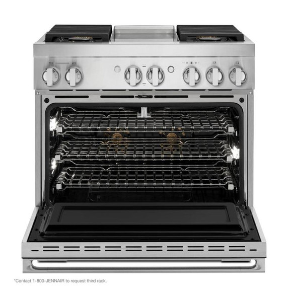 Jennair® 36" NOIR™ Dual-Fuel Professional-Style Range with Chrome-Infused Griddle JDRP536HM