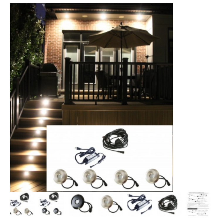 Led Outdoor Recessed Lights Kit - 4 Mini Deck Lights (Spring Fit) With Transformer, Wire Splitter - Big Round Metal Trim #EZKITBRT-TW