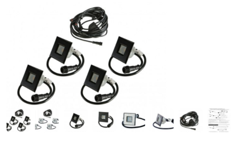 Led Outdoor Recessed Lights Kit- 4 Mini Deck/Patio Lights (Spring Fit) With Wire Harness Splitter- Plastic Square Trim #EZKITST4