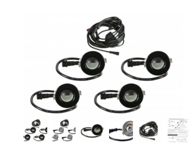 Led Outdoor Recessed Lights Kit - 4 Mini Deck/Patio Lights (Spring Fit) With Wire Harness Splitter- Small Round Metal Scoop Trim #EZKITSC12