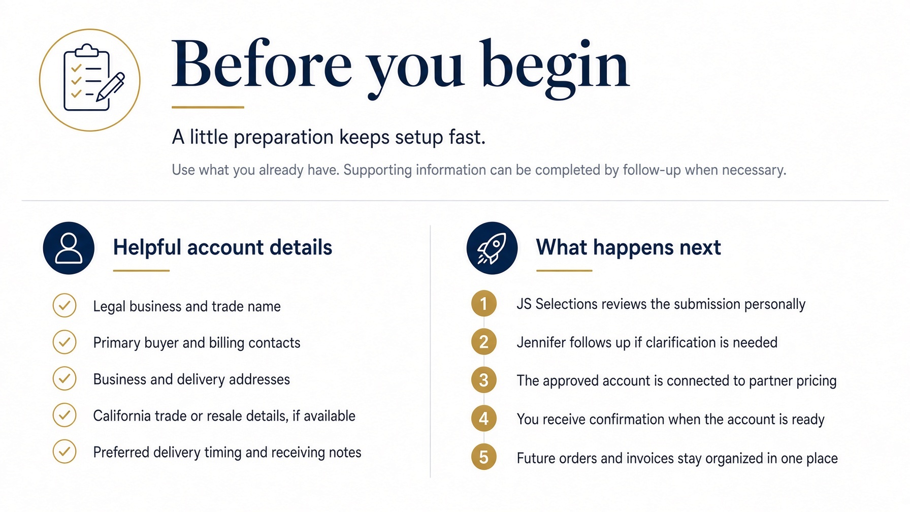 Before you begin: have your business, buyer, billing, delivery, and California trade information ready for account setup.