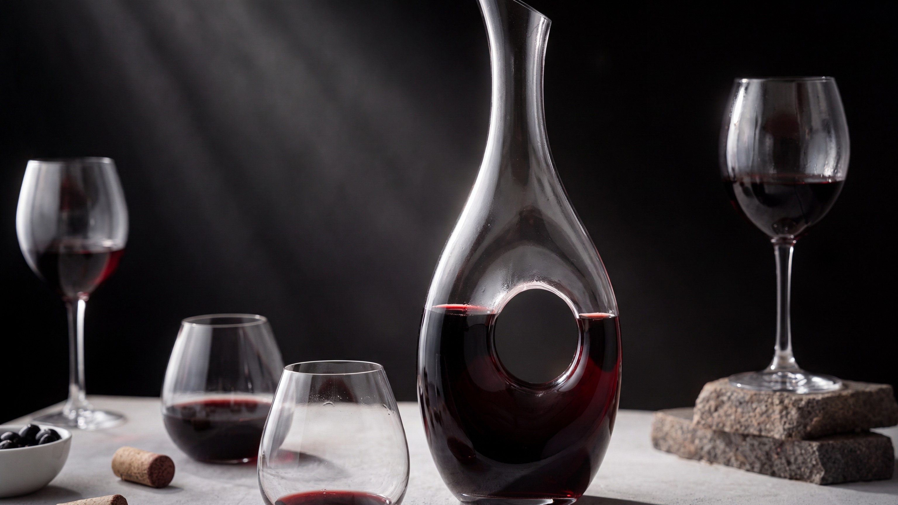Editorial red wine decanter prepared for table service