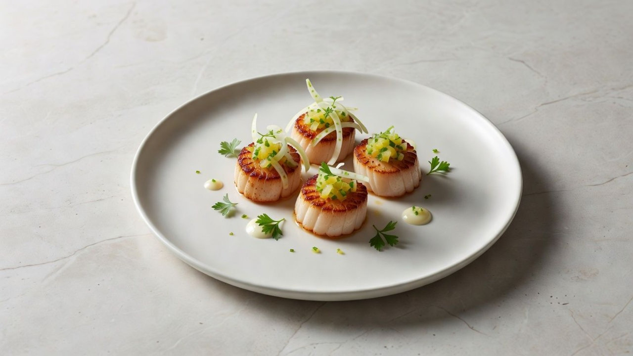 Pan-seared scallops with lemon and fennel relish on a white plate