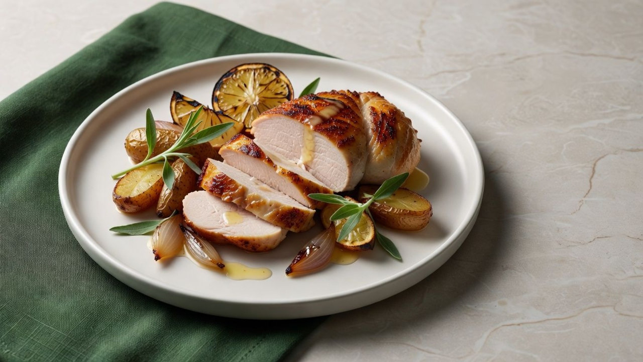 Roast chicken with potatoes, shallots, charred lemon and fresh tarragon