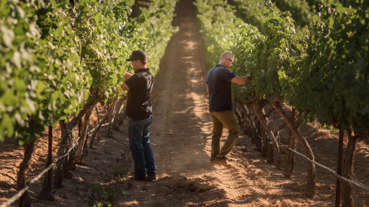 Thomas Rivers Brown and a grower inspecting vineyard rows