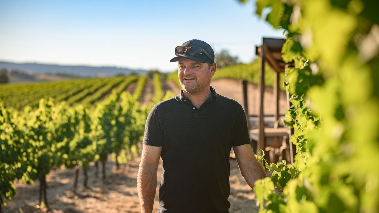 Grower in a black polo walking through sunlit Napa Valley vineyard rows
