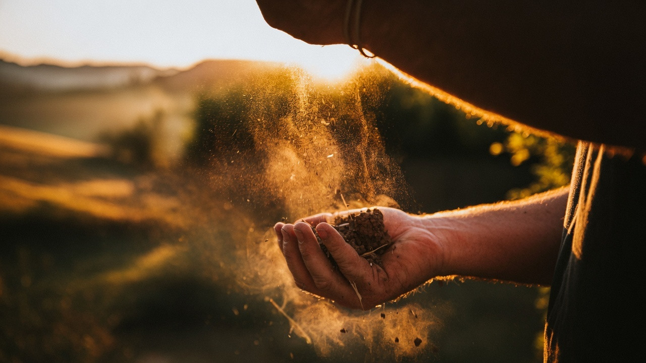 Hands releasing dry vineyard soil into warm sunset light