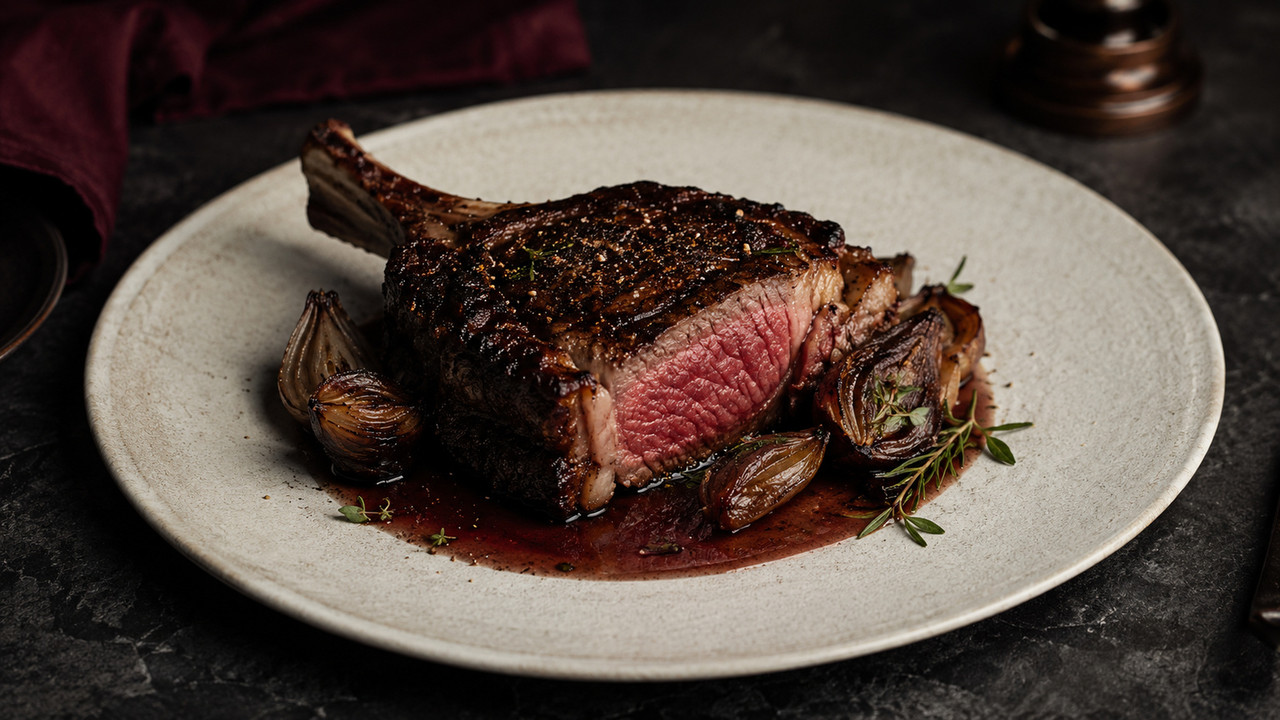 Bone-in ribeye with roasted shallots and red-wine pan jus