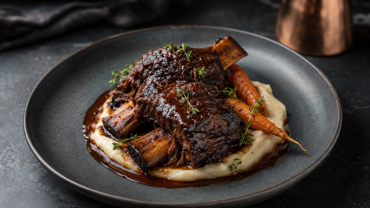 Red-wine-braised short ribs over parsnip puree with roasted carrots