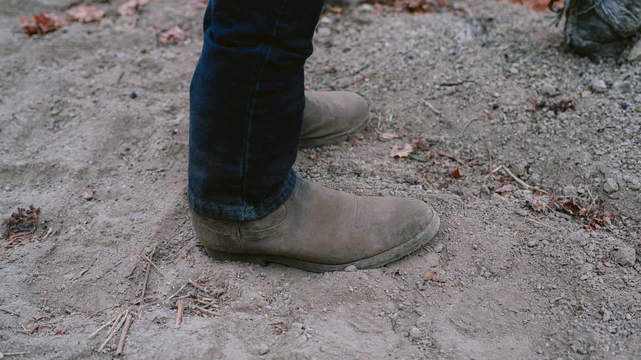 Work boots planted in pale rocky vineyard soil
