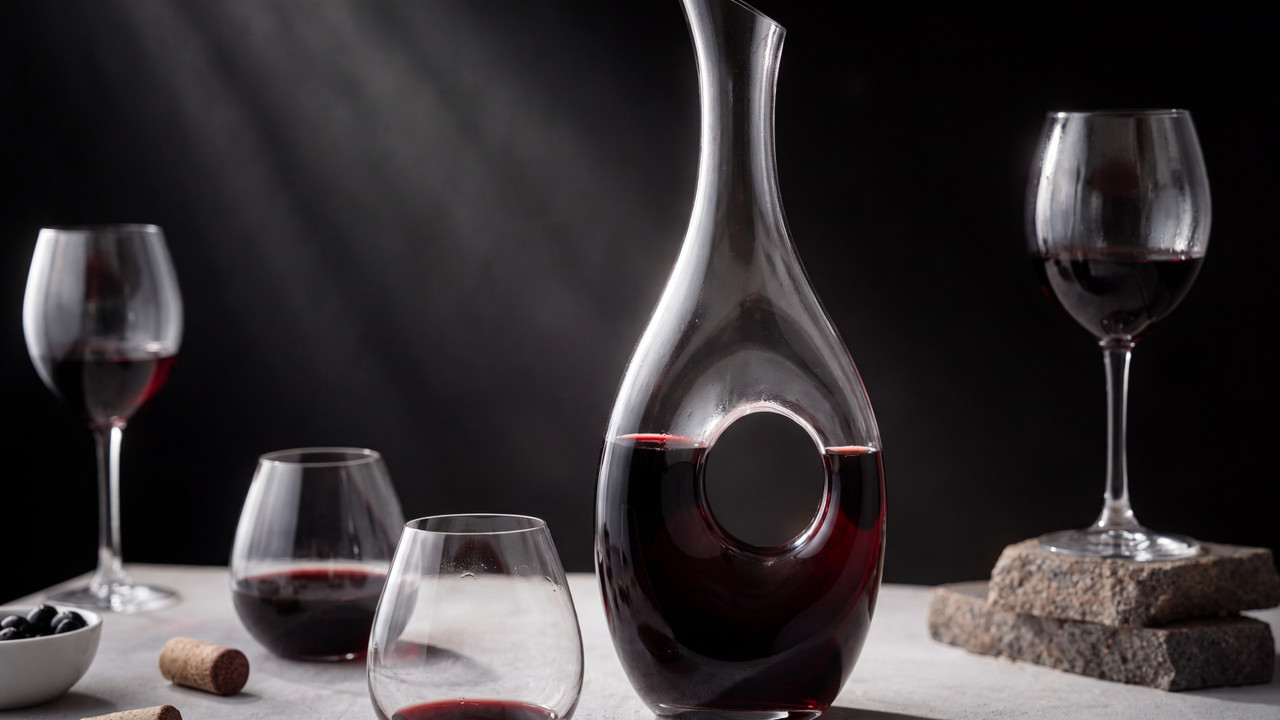 Red wine resting in a glass decanter beside several Cabernet glasses