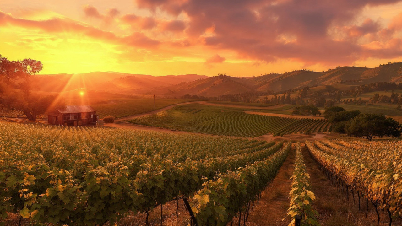 Vineyard rows rolling across hills beneath a vivid golden sunset