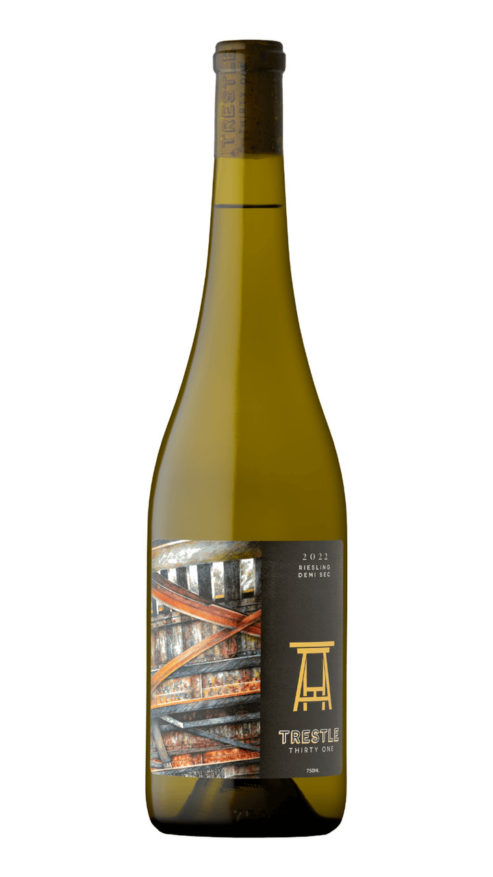 Complete bottle of 2022 Trestle 31 Demi Sec Riesling, Finger Lakes