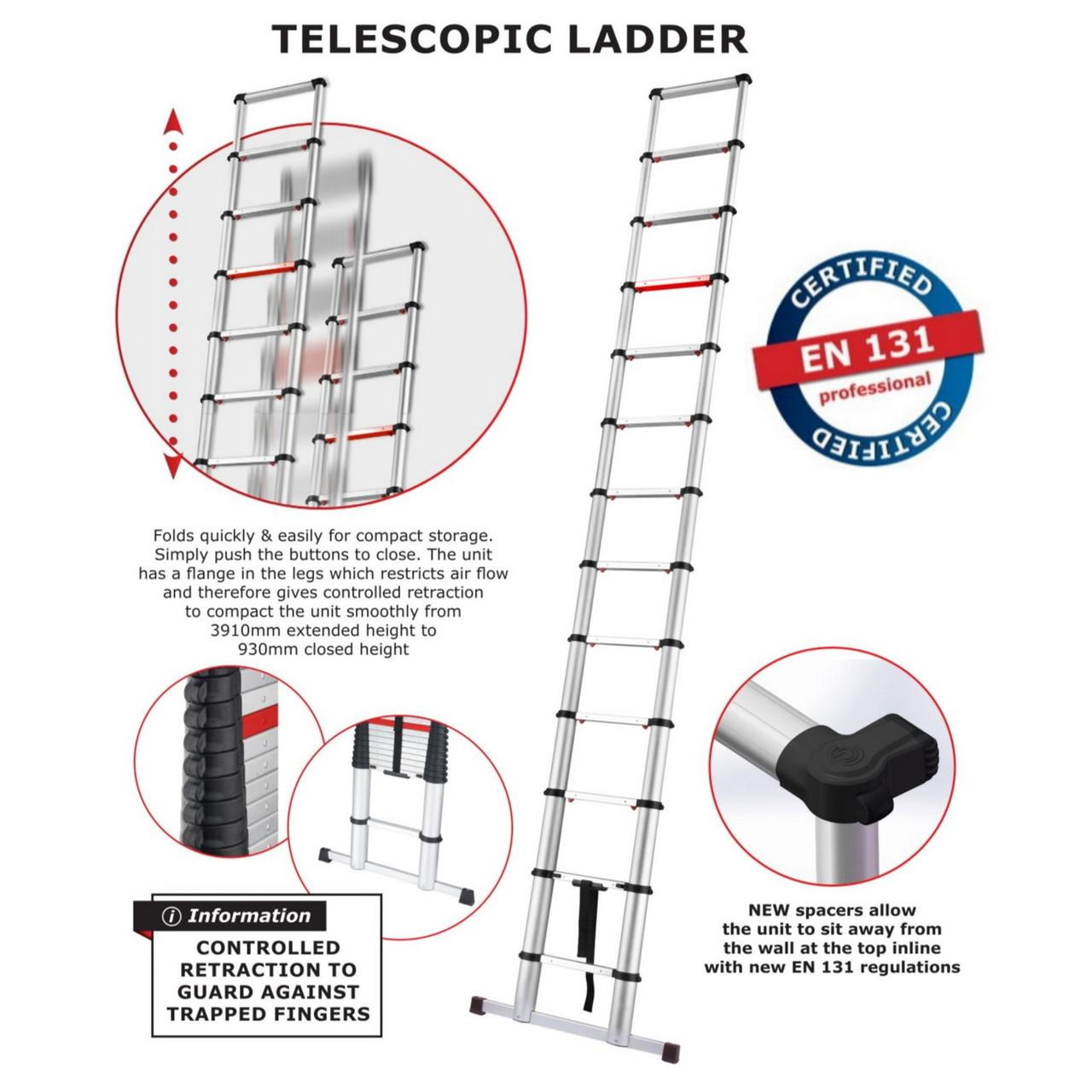 91cm to 3.81m Telescopic Extending Aluminium Ladder | Roadware