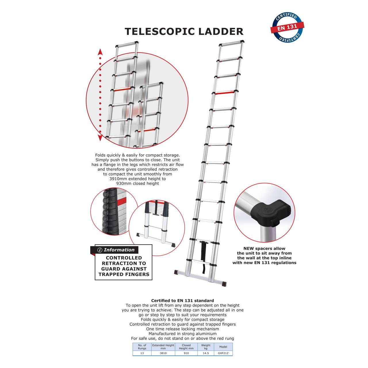 91cm to 3.81m Telescopic Extending Aluminium Ladder | Roadware