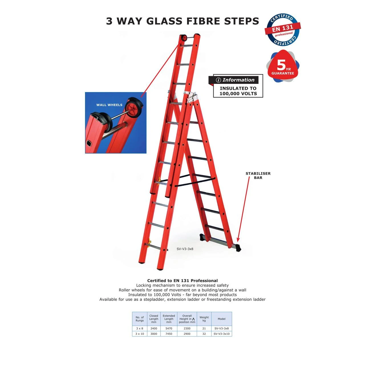 8 or 10 Rung Premium Glass Fibre 3 Way Combination Ladder | Roadware