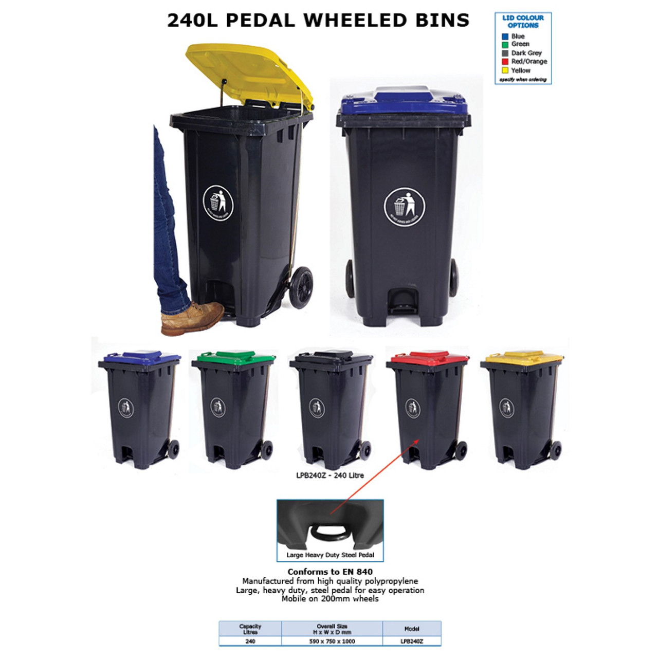 240 Litre Peddle Wheelie Bin Inc Colour Lids Roadware