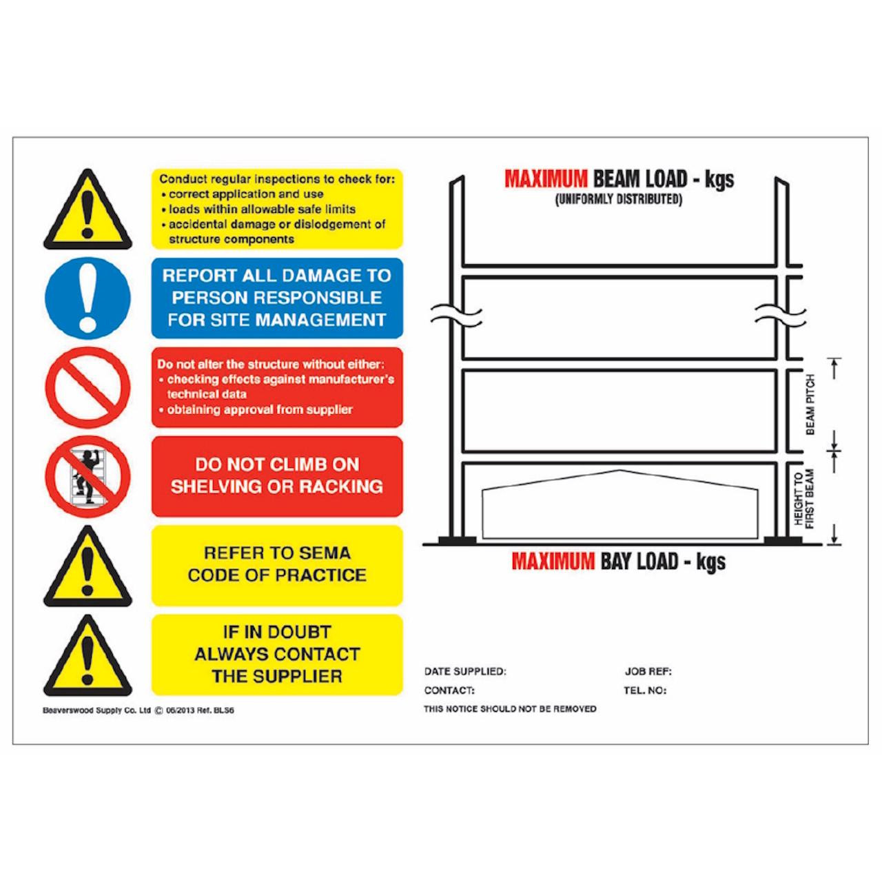 Racking Safety Notices Warehouse Racking Weight Load Notices | Roadware