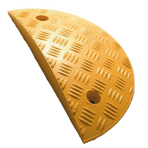 MELBA SPEED RAMP END YELLOW (50mm), a yellow rubber speed ramp end with textured surface and two mounting holes for safety and curb clearance.