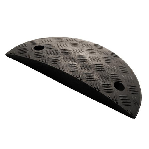 MELBA SPEED RAMP END BLACK (70mm), black rubber speed bump end cap with textured surface and two mounting holes for safety and traffic control.