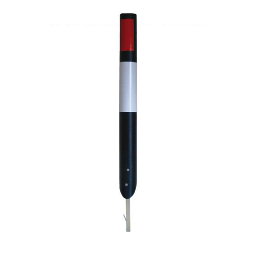 Melba Swintex Springbac verge post, safety barrier with red, white, and black reflective stripes for traffic control.